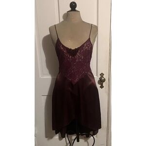 Vintage 80’s Burgundy Purple Sheer Lace Satin Skirt High Low Slip mini Dress S